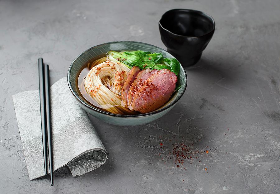 Oriental Noodle Soup With Duck Breast Photograph by Ewgenija Schall