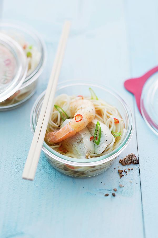 Oriental Noodle Soup With Prawns And Chicken Cooked In A Jar Photograph by Michael Wissing