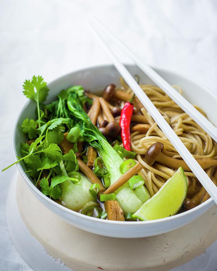 Oriental Noodle Soup With Shimeji Mushrooms And Bok Choy Photograph by Great Stock! Fine Art