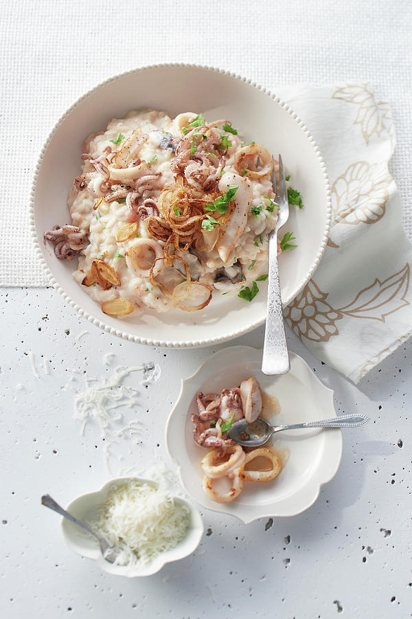 Oriental Tomato And Cream Cheese Risotto With Calamaretti Photograph by Jan-peter Westermann