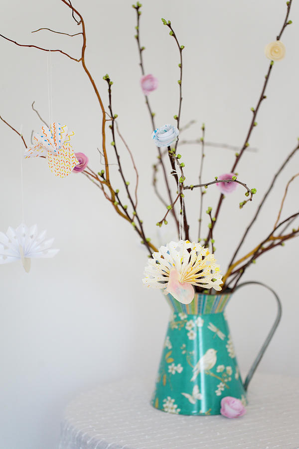 Origami Birds Made From Painted Paper Hung From Twigs Photograph by Iris Wolf