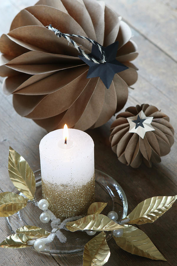Original Arrangement Of Handcrafted Honeycomb Balls And Golden Leaves Around Candle Photograph by Regina Hippel
