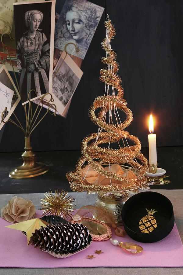 Original Christmas Tree Made From Gold Tinsel On Cake Stand With Candle Holder Photograph by Regina Hippel