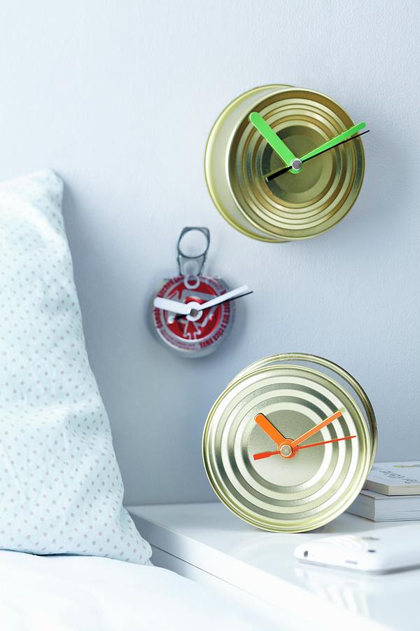 Original Diy Clocks Made From Tin Cans Featuring Coloured Hands Photograph by Franziska Taube