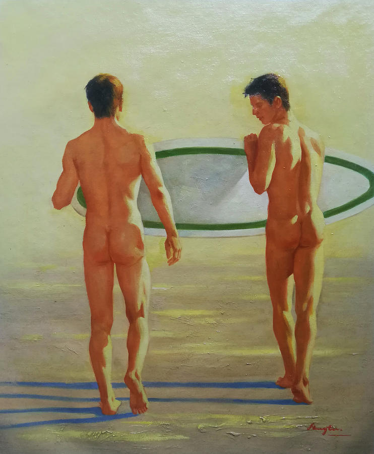 Original  Man Body Oil Painting  Gay Art -two Male Nude By The Sea#16-2-3-02 Painting by Hongtao Huang
