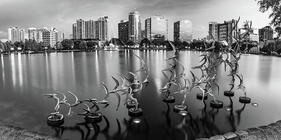 Orlando Skyline Photograph - Orlando Lake Eola Skyline Panorama - Take Flight Bird Sculpture - Monochrome by Gregory Ballos