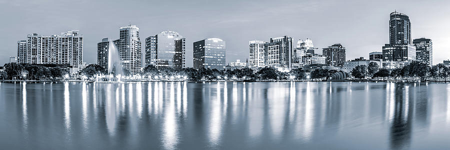Orlando Skyline Photograph - Orlando Skyline Panoramic From Lake Eola Park - Silver Monochrome by Gregory Ballos