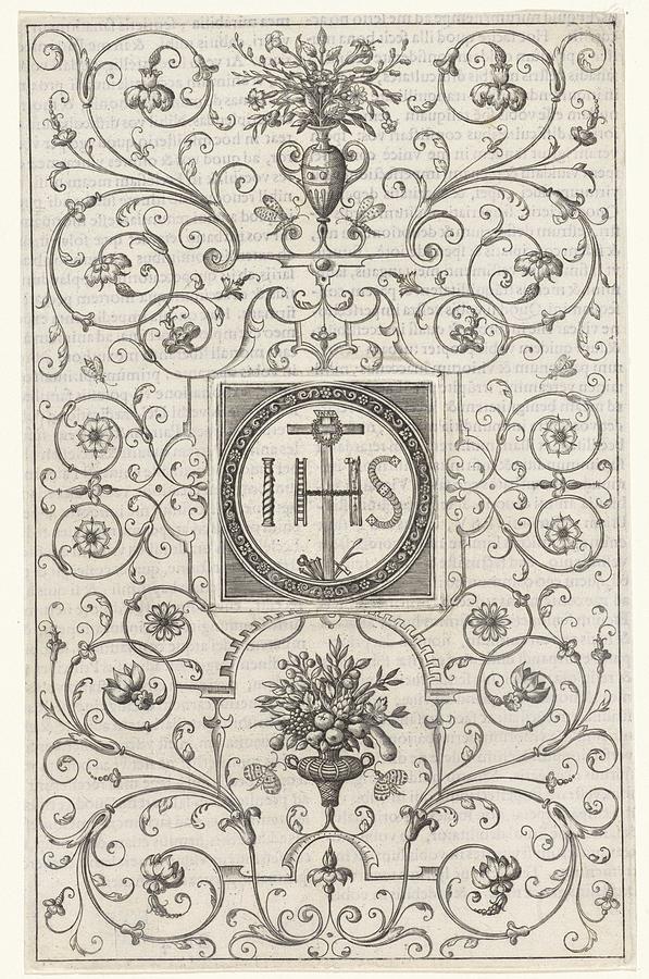 Ornament With The Monogram Of Christ And Flowers In Vases, Wierix Attributed To, 1594 Painting