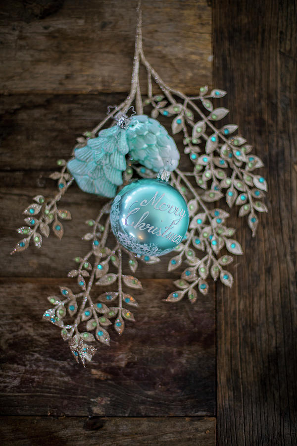 Ornamental Leafy Branch And Turquoise Christmas Decorations Photograph by Eising Studio