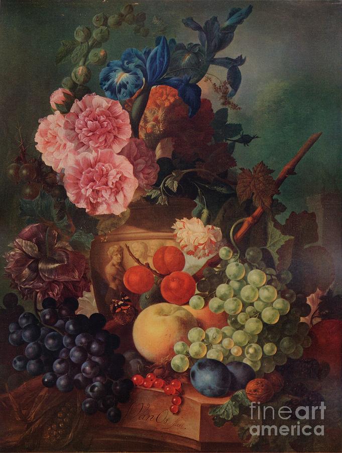 Ornamental Vase Of Flowers And Fruit Drawing by Print Collector