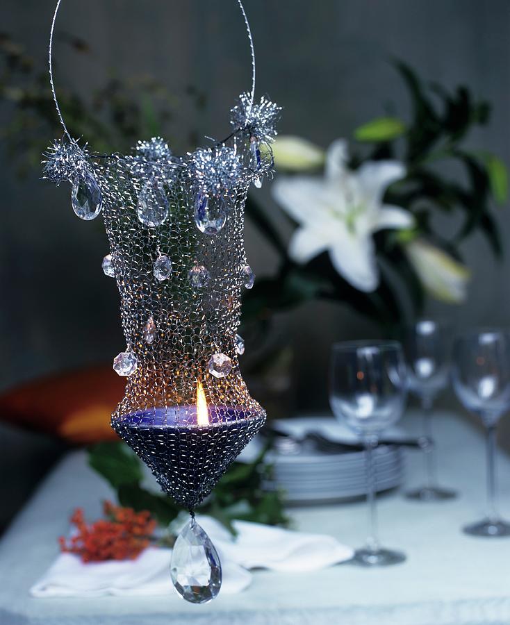 Ornate, Suspended, Wire-mesh Candle Holder Decorated With Crystals Photograph by Matteo Manduzio