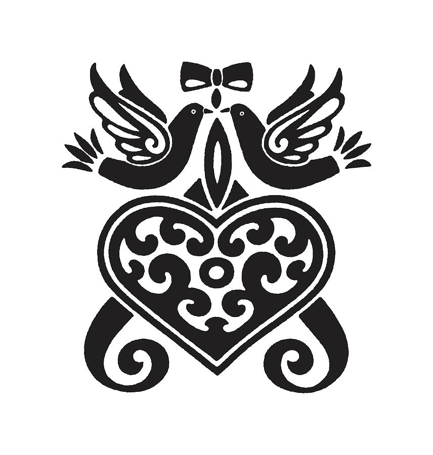 Black And White Drawing - Ornate vector graphic with birds and heart shape by CSA Images