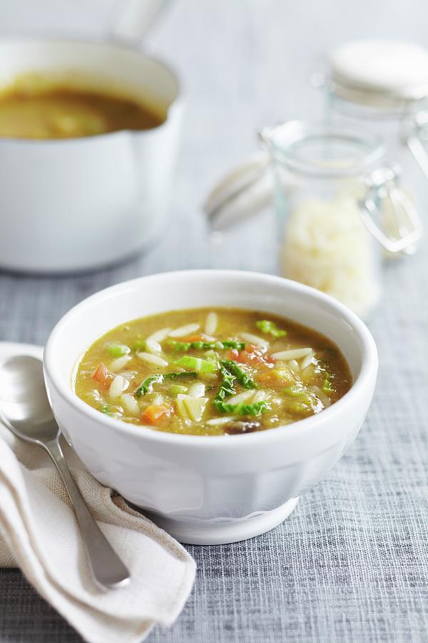 Orzo Pasta Soup With Cabbage And Carrots Photograph by Charlotte Tolhurst