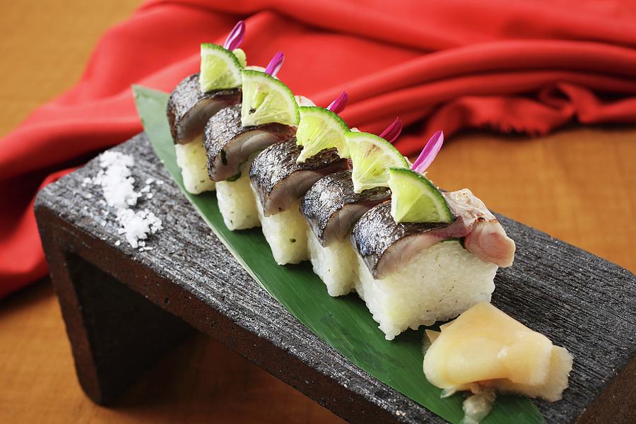 Oshi Sushi On A Wooden Board japan Photograph by Yuichi Nishihata Photography