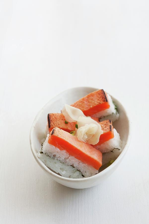 Oshi Sushi With Seared Salmon And Pickled Ginger gari Photograph by Martina Schindler