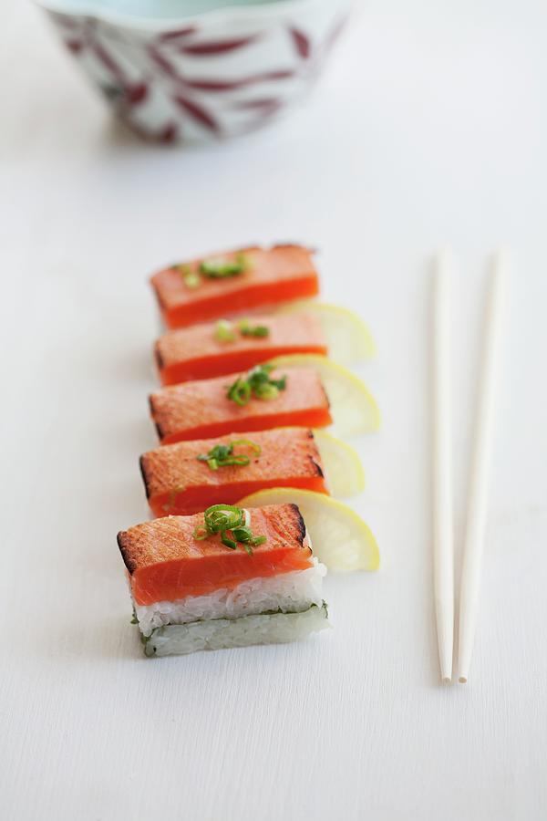 Oshi Sushi With Seared Salmon, Sliced Spring Onions negi And Lemons japan Photograph by Martina Schindler