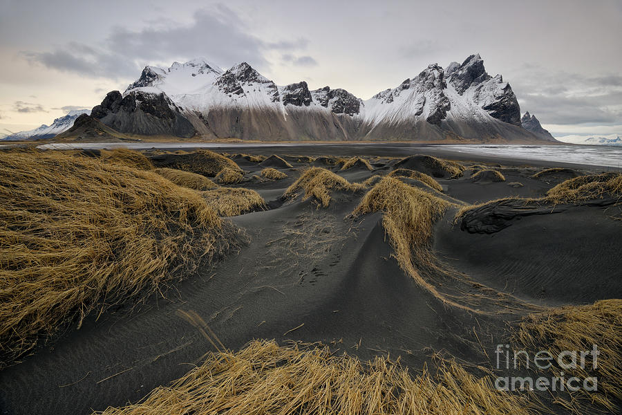 Black Sand Dunes and Snowy Vestrahorn Mountains Photograph by Tom Schwabel
