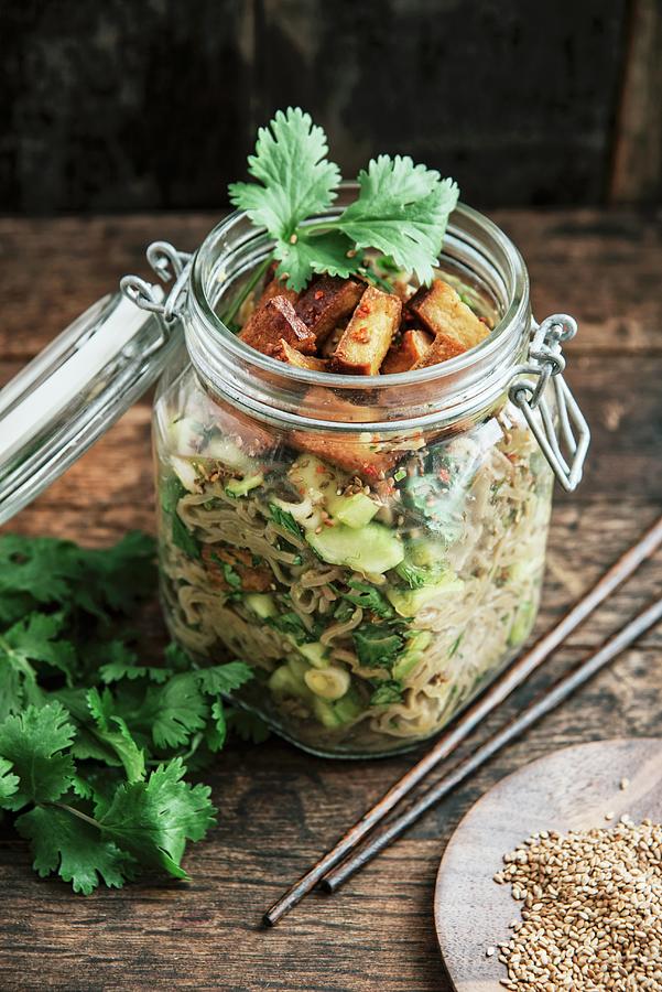 Otsu Salad In A Jar, Vegan, With Buckwheat Noodles, Cucumber, Cilantro, Tofu, Spring Onions, Chili, Roasted Sesame Oil And Ginger japan Photograph by Ina Peters