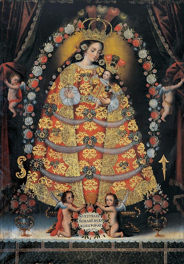Our Lady of the Rosary of Pomata, 18th century, Oil on canvas, 212 x 147,5 cm. ESCUELA CUSQUENA. Painting by Escuela Cusquena
