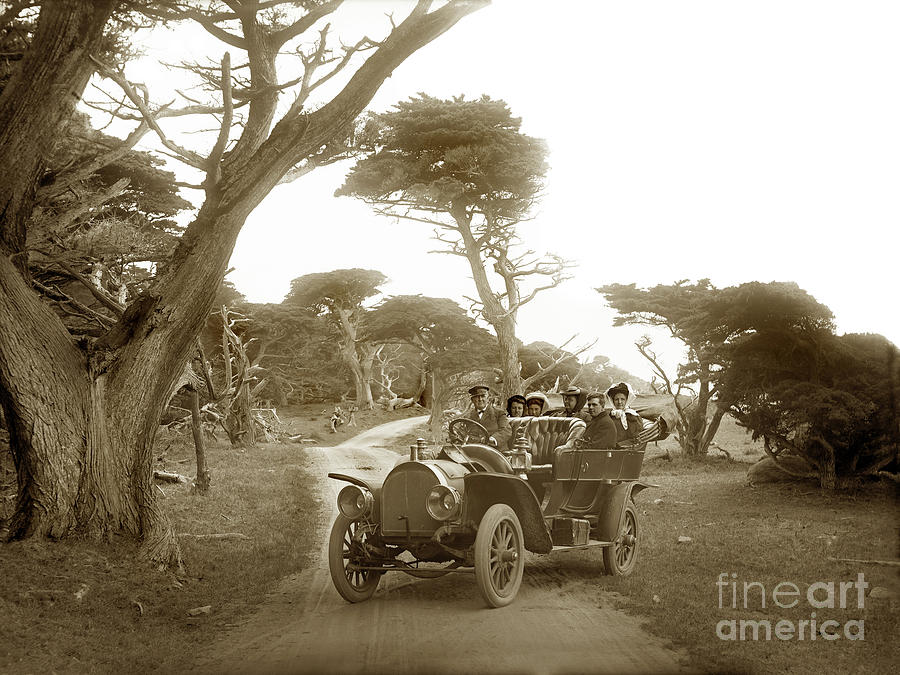 Car Photograph - Touring car on the 17 Mile Drive, Pebble Beach, California Circa 1910 by Monterey County Historical Society