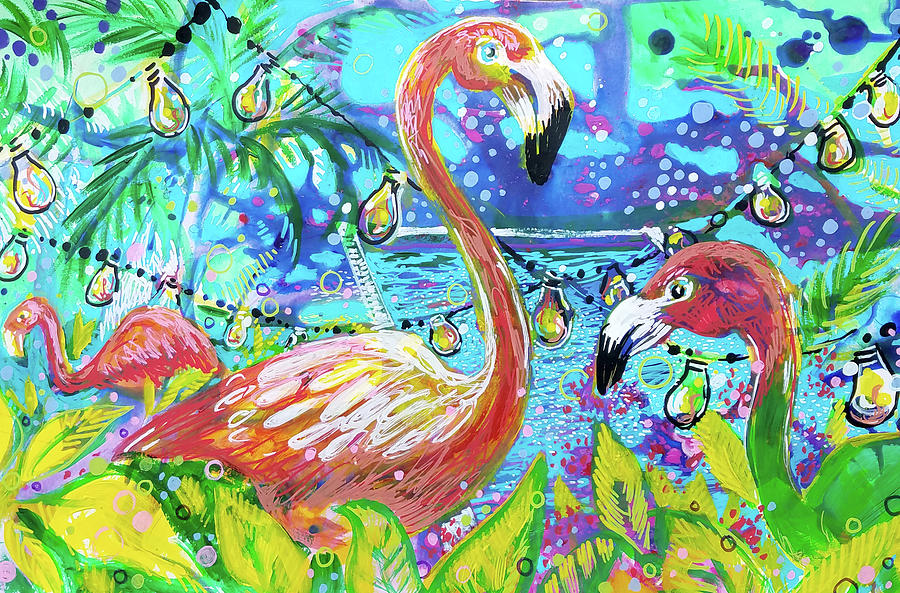 Outdoor flamingo party Painting by Tilly Strauss