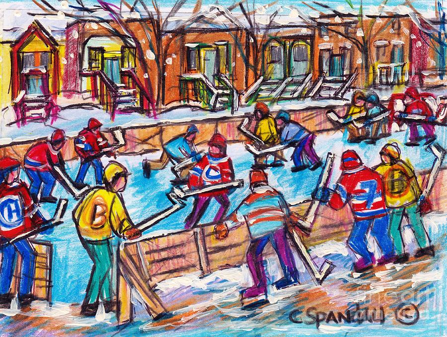 Outdoor Hockey Rink Art Neighborhood Row Houses Canadian Snowy Winter Scenes C Spandau Artist        Painting by Carole Spandau
