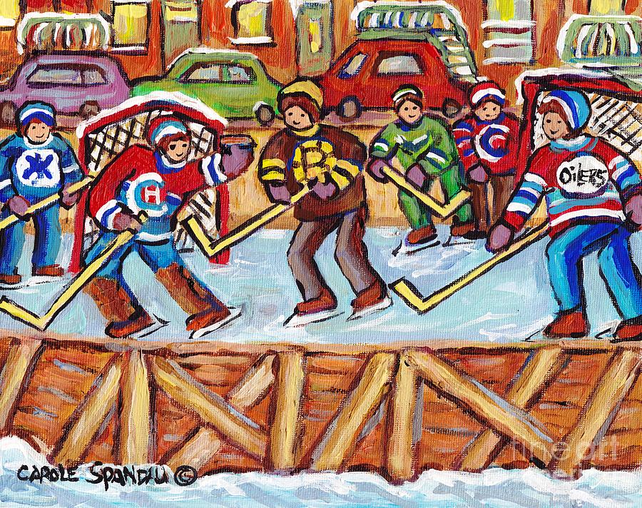 Outdoor Hockey Rink Verdun Row Houses Staircase Winter City Scene C Spandau Goalie Makes The Save    Painting by Carole Spandau