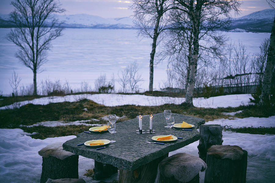 Winter Digital Art - Outdoor Table Set With Plates, Wine Glasses And Candles In Vasterbottens Lan, Sweden. by Frank And Helena