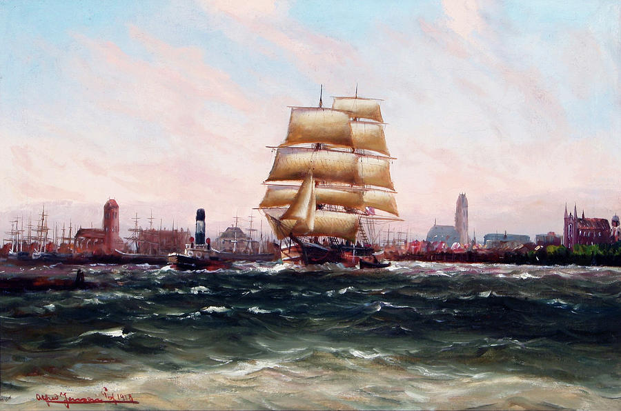 Outgoing ships at the port of Wismar by Alfred Jensen Painting by Alfred Jensen