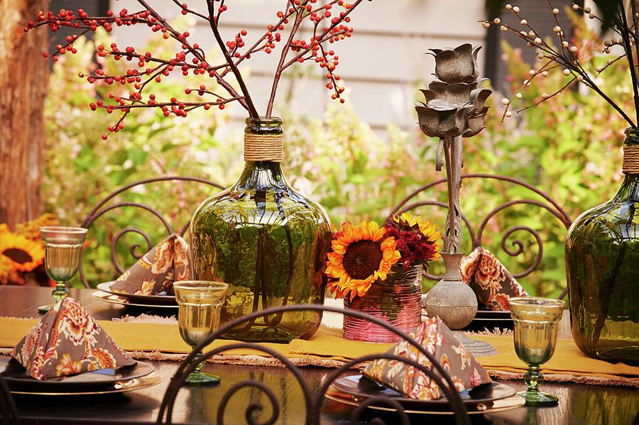 Outside Dining Table Setting In Autumnal Color Scheme. Photograph by Greg Rannells
