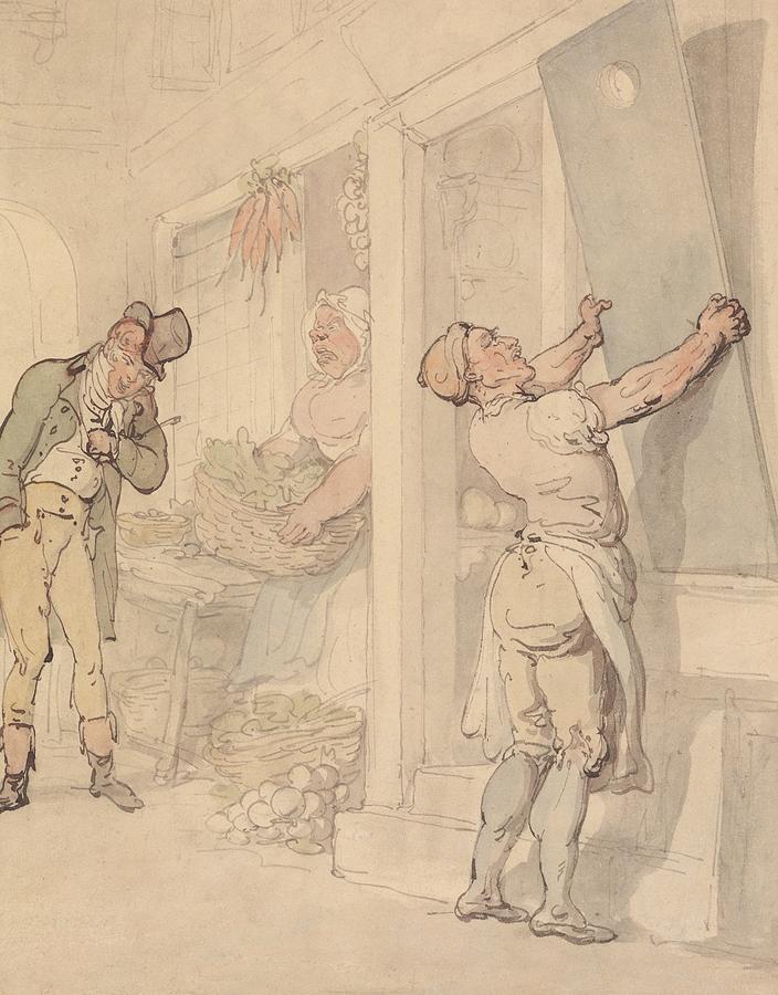 Outside the Greengrocers Shop Drawing by Thomas Rowlandson