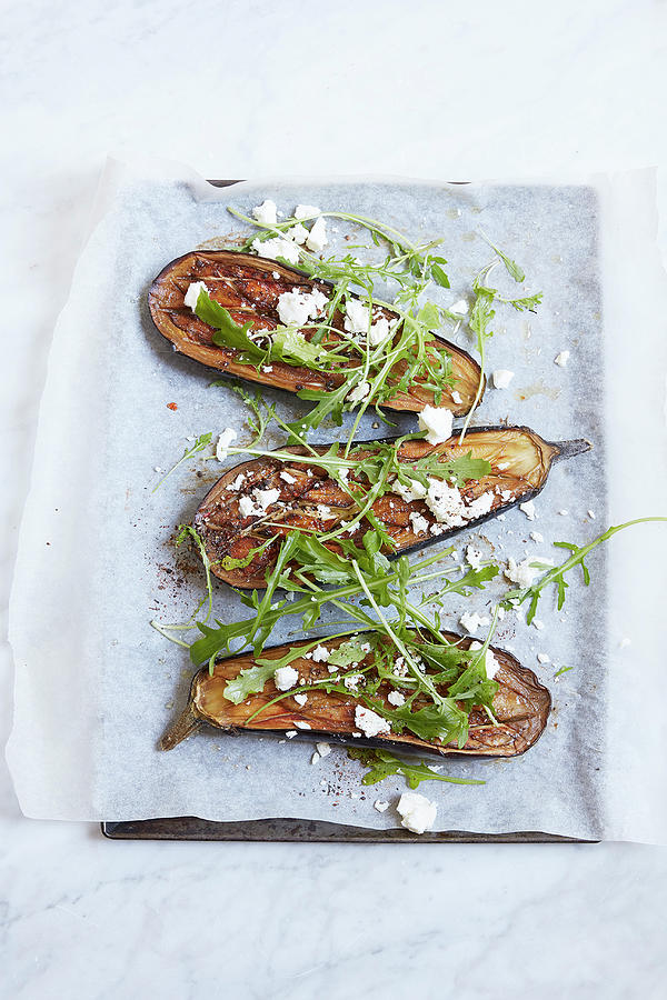 Oven-baked Aubergines With Rocket And Feta Cheese Photograph by Atelier Mai 98