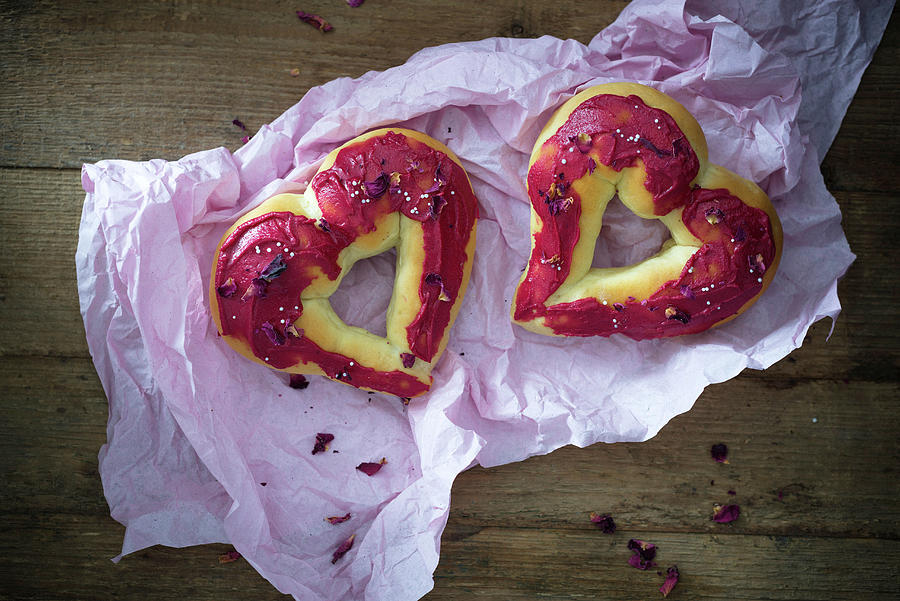 Oven-baked, Heart-shaped Vegan Doughnuts With Icing And Rose Petals Photograph by Kati Neudert
