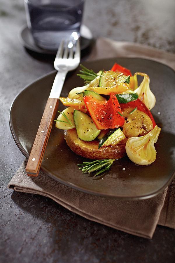 Oven Baked Potato With Grilled Vegetables And Rosemary Photograph by Alessandra Pizzi