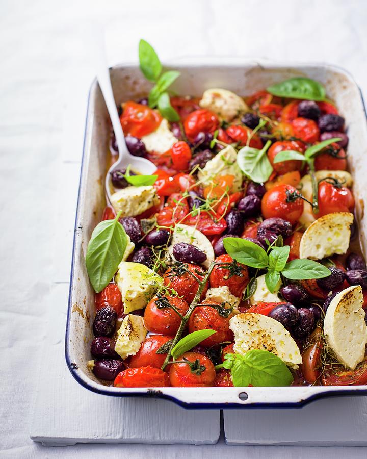 Oven-baked Tomatoes And Olives With Feta Cheese Photograph by Great ...