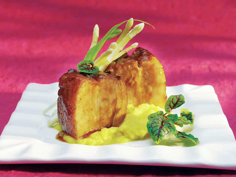 Oven Roast Pork Belly And Soft Corn Polenta With Demi Glaze And Asparagus Spears Photograph by Albert P Macdonald