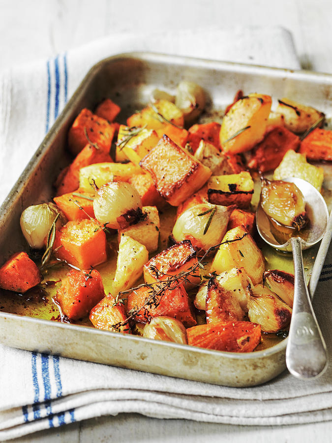 Oven Roast Winter Vegetables With Sweet Potato Pumpkin Shallots And