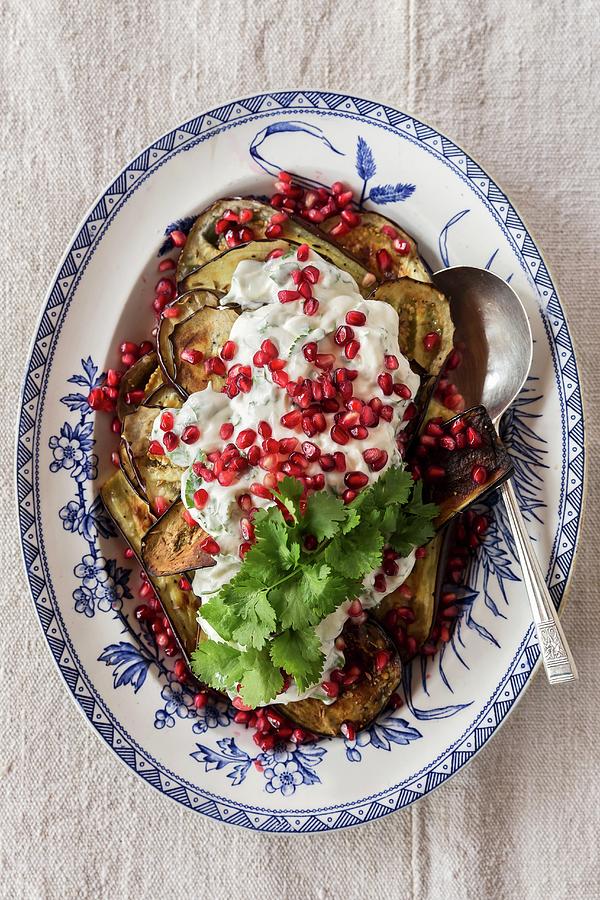 Oven-roasted Aubergines With Greek Yoghurt And Pomegranate Seeds Photograph by Great Stock!