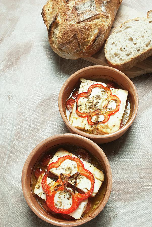 Oven-roasted Feta Cheese With Tomatoes, Peppers And Olive Oil Photograph by Spyros Bourboulis