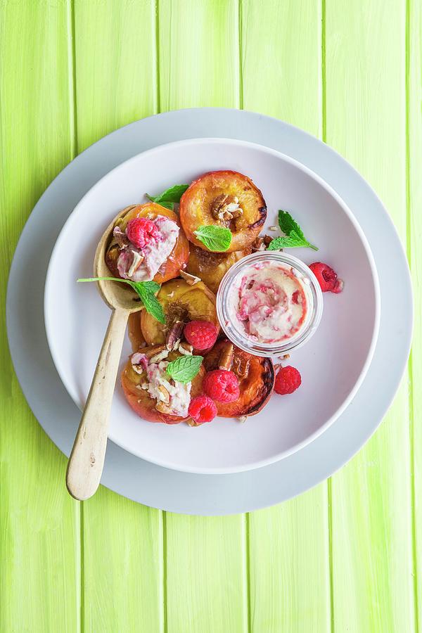 Oven-roasted Peaches With Raspberry Ricotta And Pecan Nuts Photograph by Great Stock!