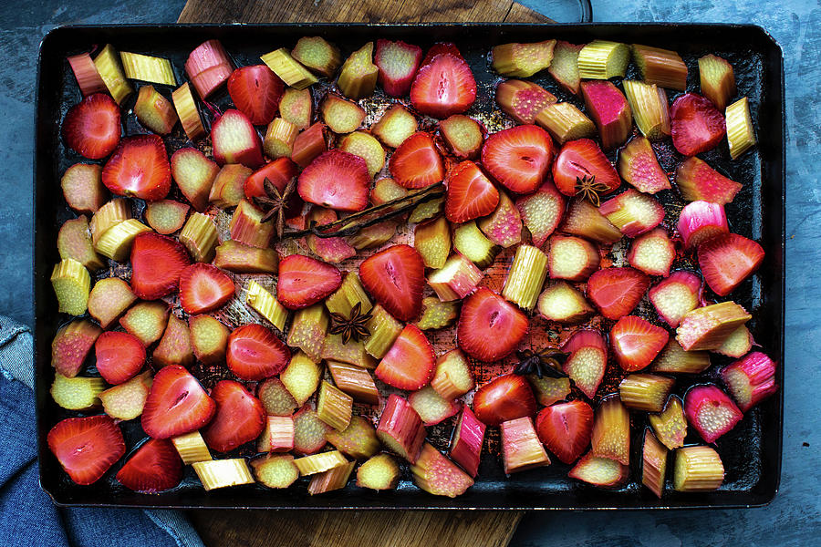 Oven-roasted Rhubarb And Strawberry Compote Photograph by Lara Jane Thorpe