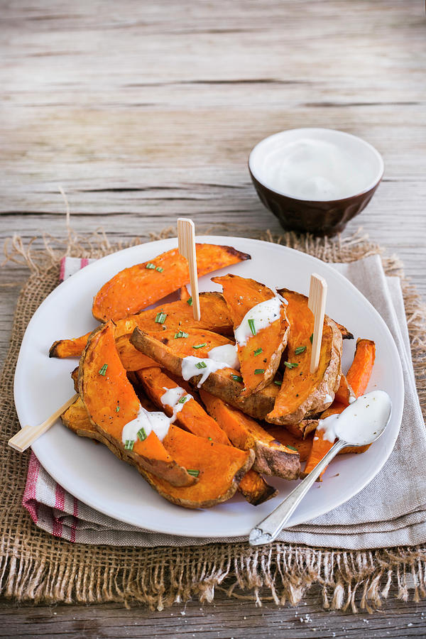 Oven Roasted Sweet Potatoes With Yoghurt Sauce Photograph by Maricruz Avalos Flores