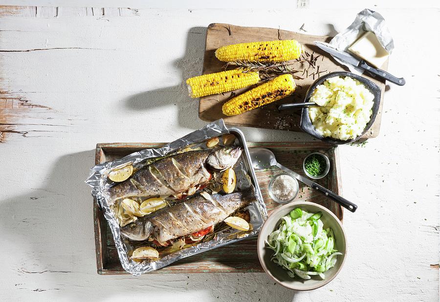 Oven Roasted Trout With Corn Cobs And Sweetcorn Pure seen Above Photograph by Danny Lerner