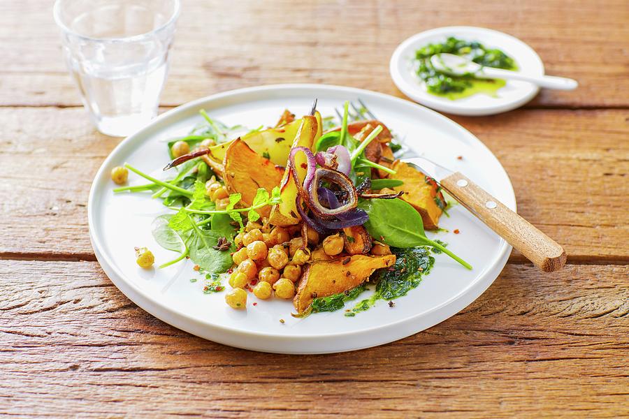 Oven-roasted Vegan Vegetables With Pears, Chickpeas And Fresh Spinach Photograph by Kai Schwabe