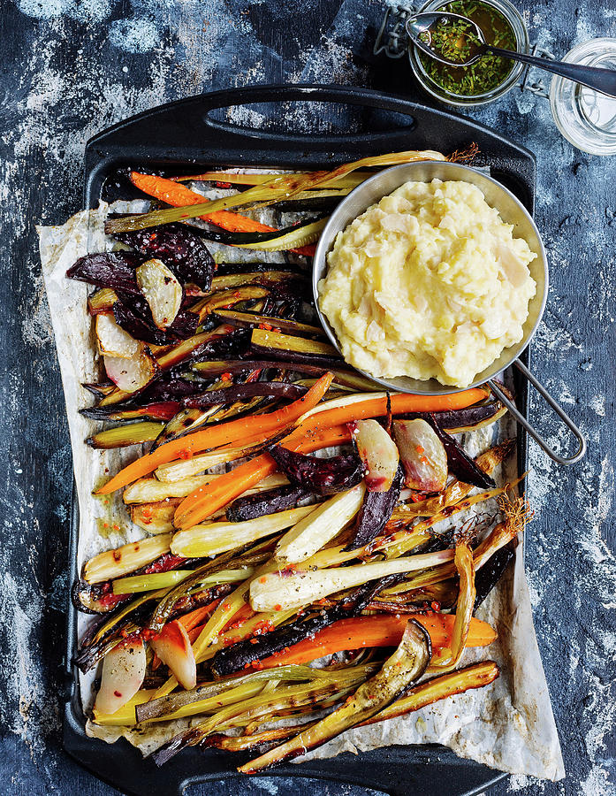 Oven-roasted Vegetables On Mashed Potatoes And Beans With Chive Oil Photograph by Anna Haas / Stockfood Studios
