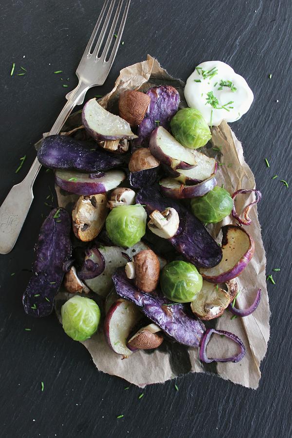 Oven-roasted Winter Vegetables With Dill Yoghurt Dip Photograph by Esspirationen