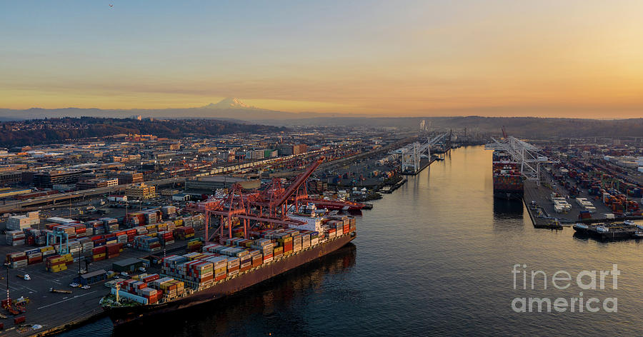 Over Seattle Port Of Seattle Sunset Photograph