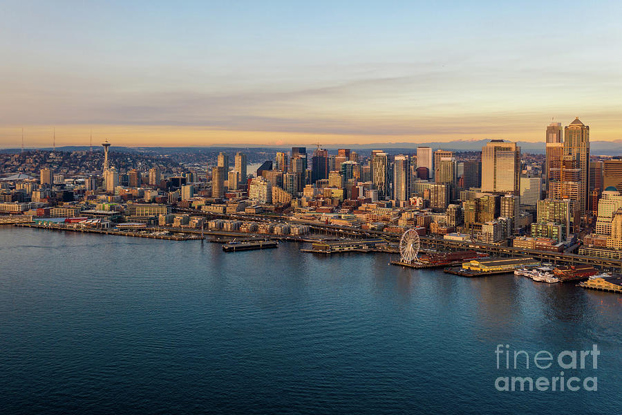 Over Seattle The Waterfront In Golden Sunset Light Photograph