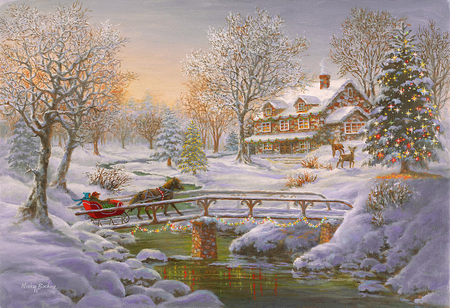 Christmas Painting - Over The Bridge To Grandmas House by Nicky Boehme