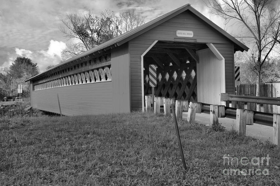 Overcast At The Papermill Covered Bridge Black And White Photograph by Adam Jewell
